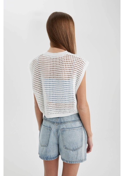 Crop Örgü Desenli Pamuklu Kroşe Triko Süveter