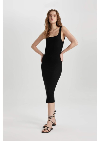 Bodycon Vücuda Oturan Basic Düz Kare Yaka Fitilli Kaşkorse Kolsuz Midi Elbise Z7577AZ24SM