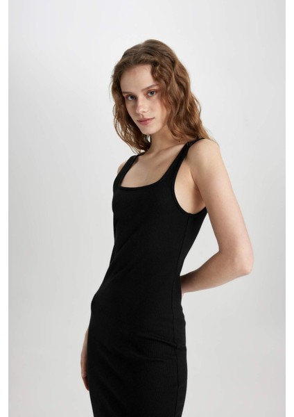 Bodycon Vücuda Oturan Basic Düz Kare Yaka Fitilli Kaşkorse Kolsuz Midi Elbise Z7577AZ24SM