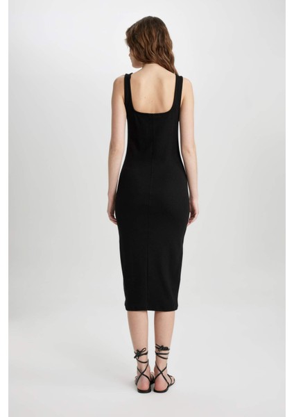 Bodycon Vücuda Oturan Basic Düz Kare Yaka Fitilli Kaşkorse Kolsuz Midi Elbise Z7577AZ24SM