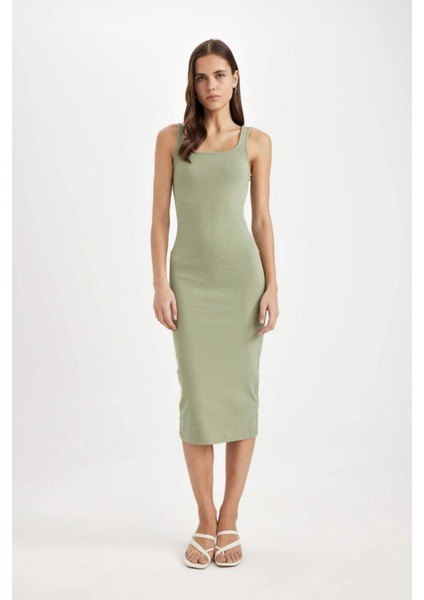 Bodycon Vücuda Oturan Basic Düz Kare Yaka Fitilli Kaşkorse Kolsuz Midi Elbise Z7577AZ24SM