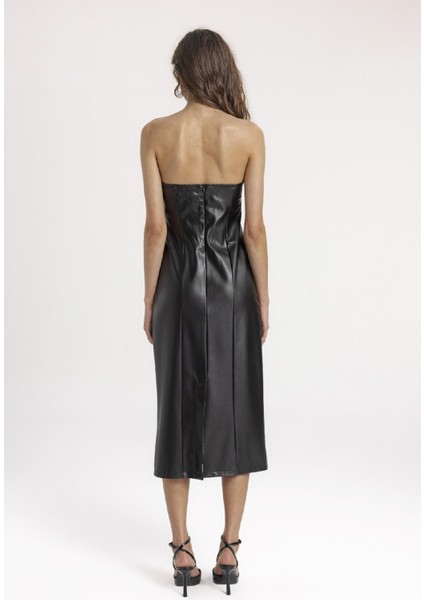 Bodycon Vücudu Saran Straplez Basic Düz Yırtmaçlı Suni Deri Midi Elbise C2284AX24SP