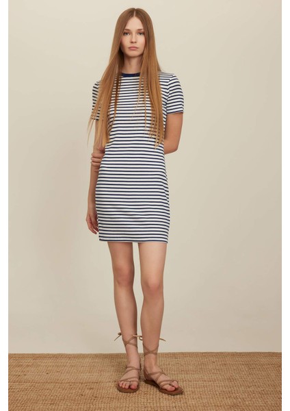 Bodycon Vücudu Saran Bisiklet Yaka Çizgili Fitilli Kaşkorse Kısa Kollu Mini Elbise C1733AX24SP
