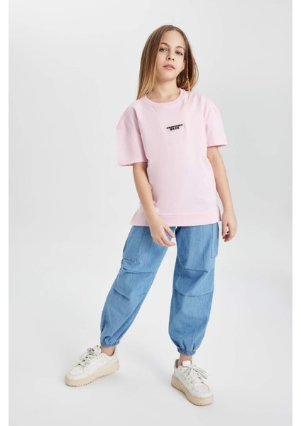 Kız Çocuk Kargo Fit Esnek Bantlı Paça Jean Pantolon