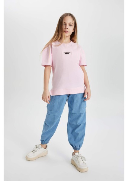 Kız Çocuk Kargo Fit Esnek Bantlı Paça Jean Pantolon