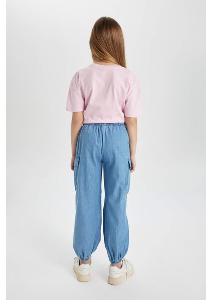 Kız Çocuk Kargo Fit Esnek Bantlı Paça Jean Pantolon