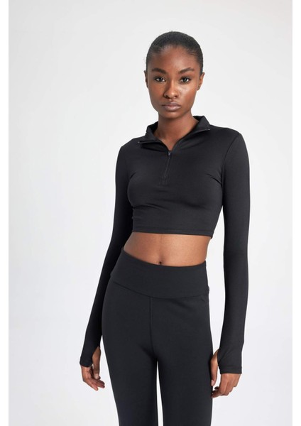 Fit Slim Fit Dar Kesim Fermuarlı Dik Yaka Sporcu Uzun Kollu Tişört