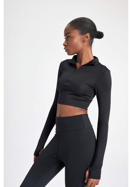 Fit Slim Fit Dar Kesim Fermuarlı Dik Yaka Sporcu Uzun Kollu Tişört