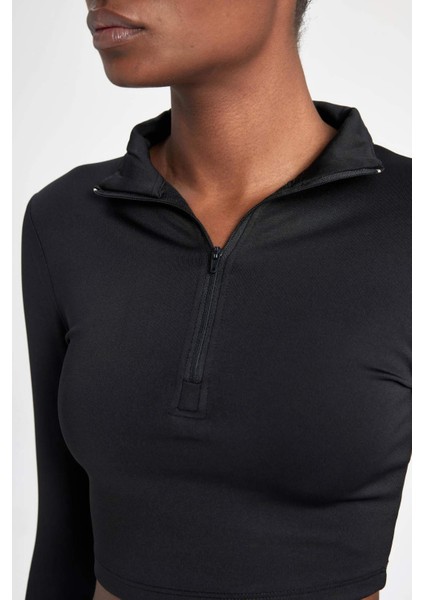 Fit Slim Fit Dar Kesim Fermuarlı Dik Yaka Sporcu Uzun Kollu Tişört