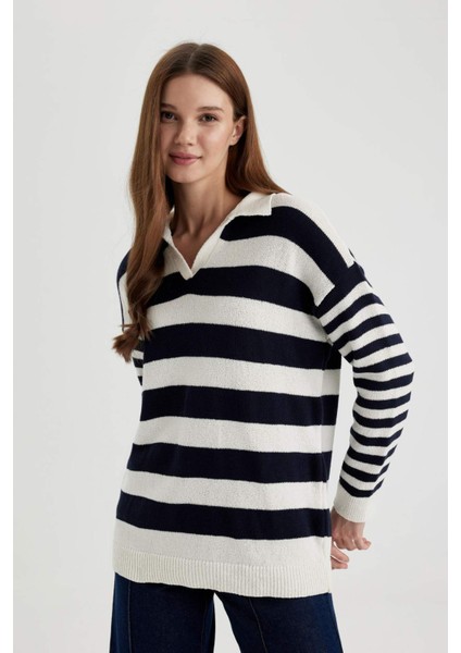 Regular Fit Çizgili Polo Yaka Tesettür Tişört Tunik C2850AX24SP