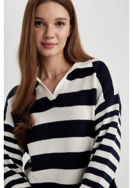 Regular Fit Çizgili Polo Yaka Tesettür Tişört Tunik C2850AX24SP