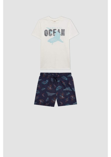 Erkek Çocuk 2'li Takım Baskılı Kısa Kollu Tişört Deniz Şortu C1295A824HS