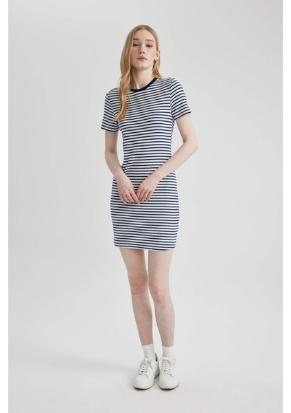Bodycon Vücudu Saran Bisiklet Yaka Çizgili Fitilli Kaşkorse Kısa Kollu Mini Elbise C1733AX24SP