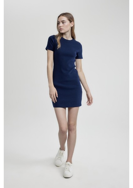 Coool Bodycon Vücudu Saran Bisiklet Yaka Fitilli Kaşkorse Kısa Kollu Mini Elbise C1503AX24SP