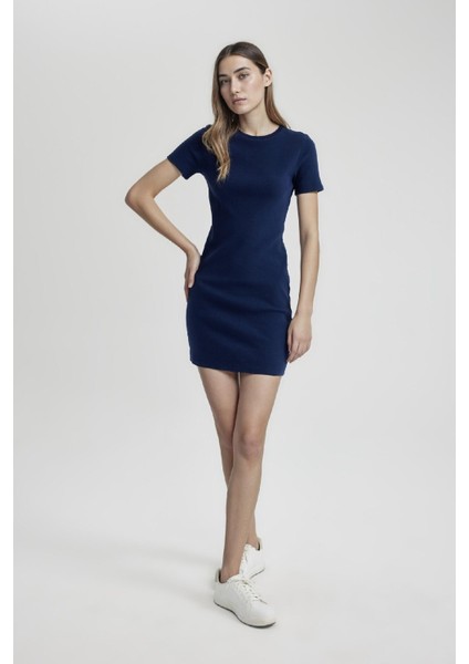 Coool Bodycon Vücudu Saran Bisiklet Yaka Fitilli Kaşkorse Kısa Kollu Mini Elbise C1503AX24SP