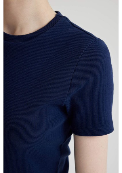 Coool Bodycon Vücudu Saran Bisiklet Yaka Fitilli Kaşkorse Kısa Kollu Mini Elbise C1503AX24SP