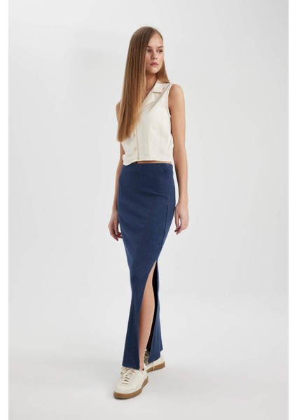 Fitilli Kaşkorse Yırtmaçlı Yıkamalı Soluk Efektli Maxi Etek C1653AX24SP