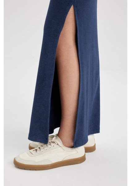 Fitilli Kaşkorse Yırtmaçlı Yıkamalı Soluk Efektli Maxi Etek C1653AX24SP