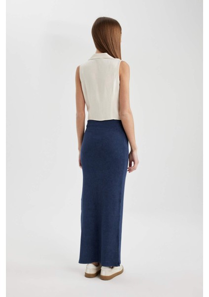 Fitilli Kaşkorse Yırtmaçlı Yıkamalı Soluk Efektli Maxi Etek C1653AX24SP