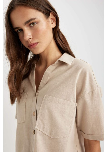 Boxy Fit Keten Karışımlı Kısa Kollu Gömlek V2523AZ24SM