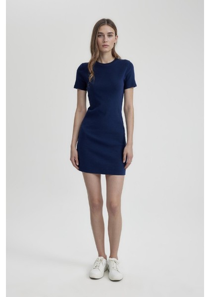 Coool Bodycon Vücudu Saran Bisiklet Yaka Fitilli Kaşkorse Kısa Kollu Mini Elbise