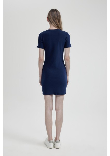 Coool Bodycon Vücudu Saran Bisiklet Yaka Fitilli Kaşkorse Kısa Kollu Mini Elbise