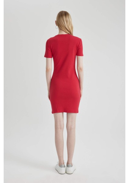 Coool Bodycon Vücudu Saran Bisiklet Yaka Fitilli Kaşkorse Kısa Kollu Mini Elbise C1503AX24SP