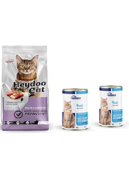 Kedi Maması 2 kg Somonlu Kısırlaştırılmış Somon Pirinçli + Kedi Konserve Somonlu 415 gr x 2 Adet