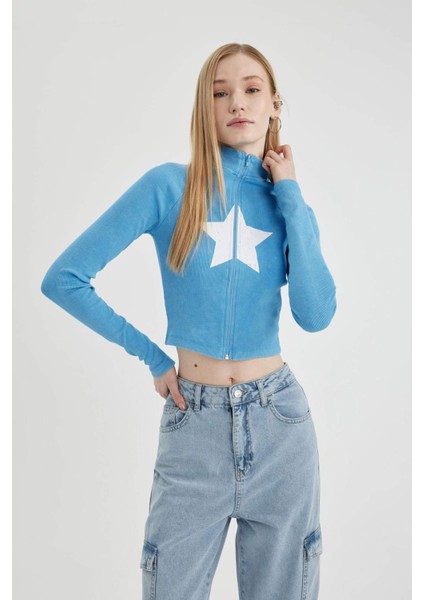 Coool Fitted Dik Yaka Baskılı Fitilli Kaşkorse Fermuarlı Sweatshirt C3256AX24SP