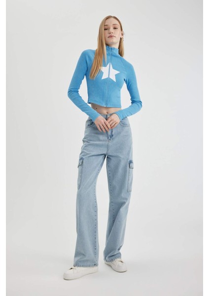 Coool Fitted Dik Yaka Baskılı Fitilli Kaşkorse Fermuarlı Sweatshirt C3256AX24SP