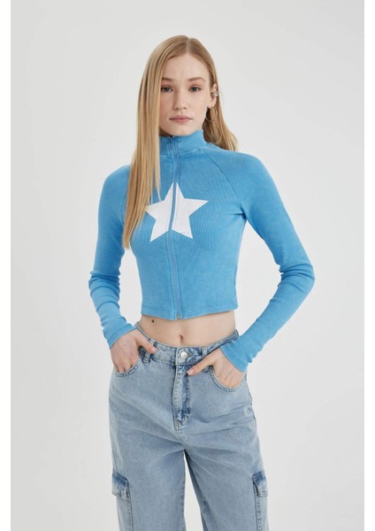Coool Fitted Dik Yaka Baskılı Fitilli Kaşkorse Fermuarlı Sweatshirt C3256AX24SP
