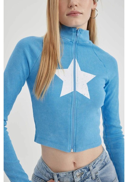 Coool Fitted Dik Yaka Baskılı Fitilli Kaşkorse Fermuarlı Sweatshirt C3256AX24SP