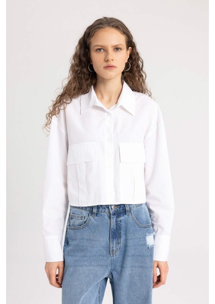 Crop Poplin Basic Düz Uzun Kollu Gömlek C2355AX24SP