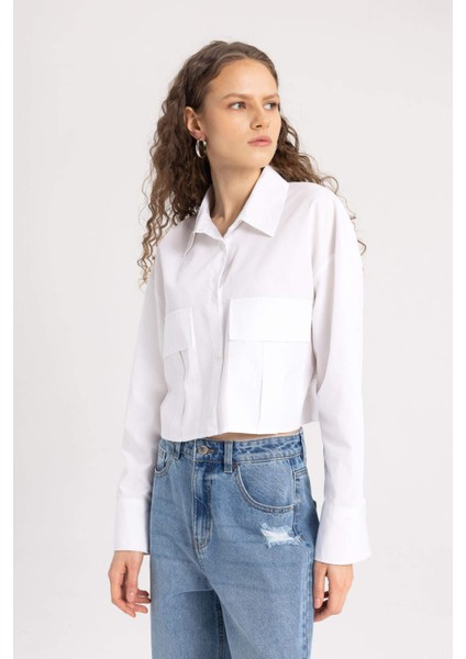 Crop Poplin Basic Düz Uzun Kollu Gömlek C2355AX24SP