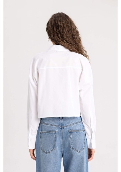 Crop Poplin Basic Düz Uzun Kollu Gömlek C2355AX24SP