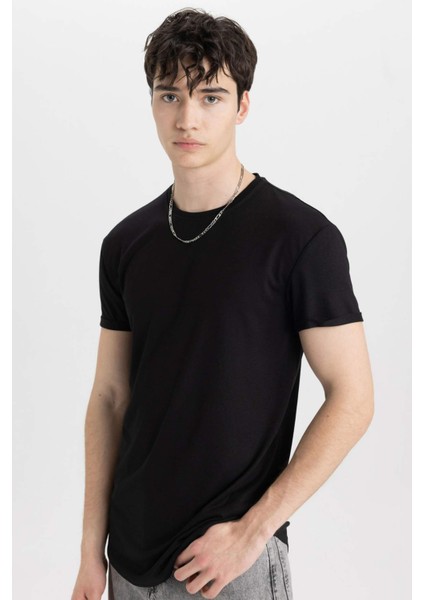 Long Muscle Fit Bisiklet Yaka Basic Düz Kısa Kollu Siyah Tişört N2104AZ24SP
