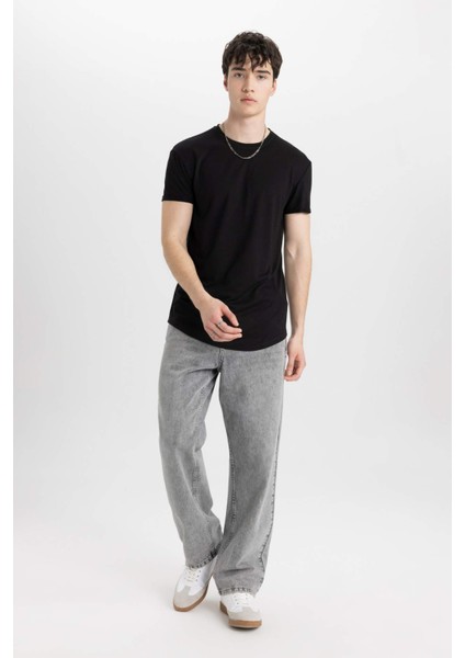 Long Muscle Fit Bisiklet Yaka Basic Düz Kısa Kollu Siyah Tişört N2104AZ24SP