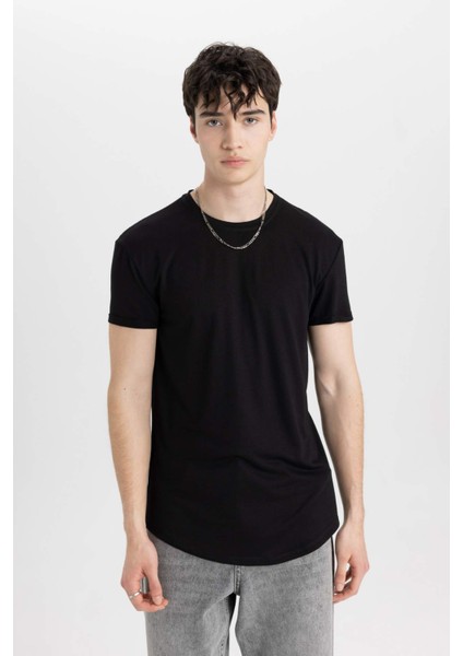 Long Muscle Fit Bisiklet Yaka Basic Düz Kısa Kollu Siyah Tişört N2104AZ24SP