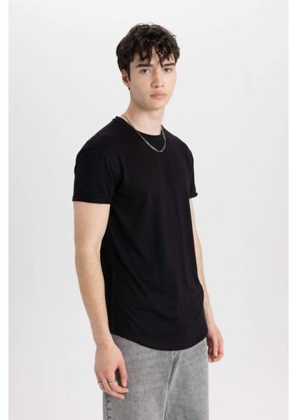 Long Muscle Fit Bisiklet Yaka Basic Düz Kısa Kollu Siyah Tişört N2104AZ24SP