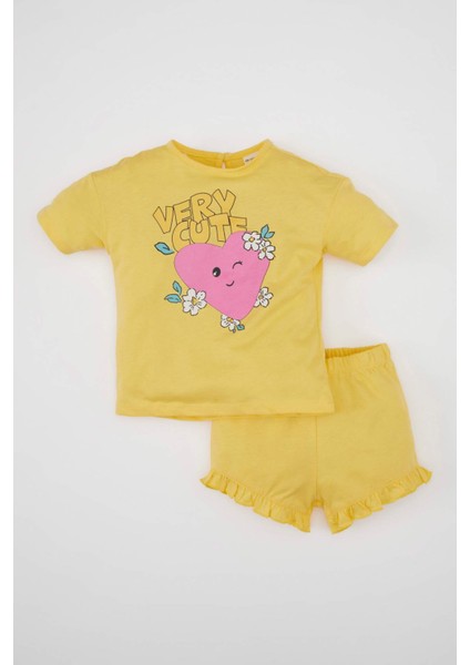 Kız Bebek 2'li Takım Bisiklet Yaka Baskılı Kısa Kollu Tişört Şort