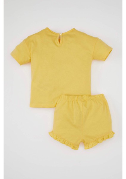 Kız Bebek 2'li Takım Bisiklet Yaka Baskılı Kısa Kollu Tişört Şort