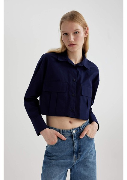 Crop Poplin Basic Düz Uzun Kollu Gömlek C2355AX24SP