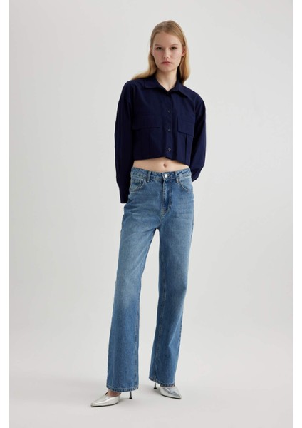 Crop Poplin Basic Düz Uzun Kollu Gömlek C2355AX24SP