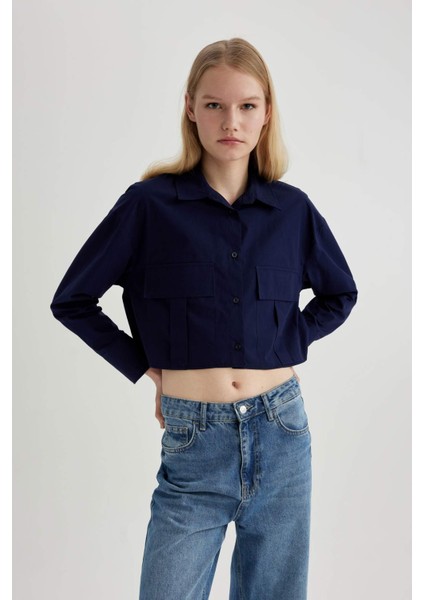 Crop Poplin Basic Düz Uzun Kollu Gömlek C2355AX24SP