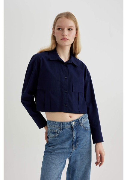 Crop Poplin Basic Düz Uzun Kollu Gömlek C2355AX24SP