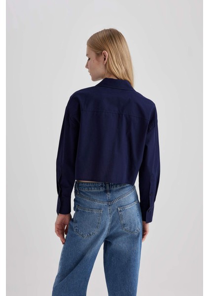 Crop Poplin Basic Düz Uzun Kollu Gömlek C2355AX24SP