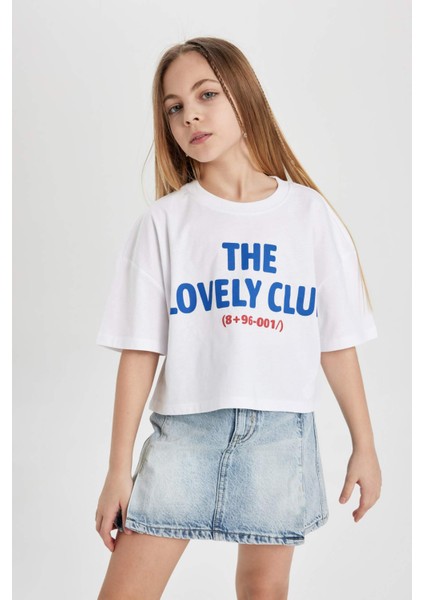 Kız Çocuk Bisiklet Yaka Crop Baskılı Kısa Kollu Tişört C2216A824SM