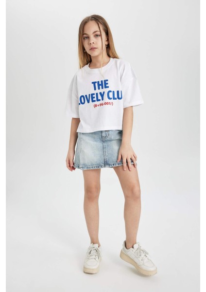 Kız Çocuk Bisiklet Yaka Crop Baskılı Kısa Kollu Tişört C2216A824SM