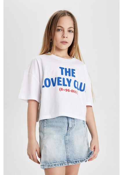 Kız Çocuk Bisiklet Yaka Crop Baskılı Kısa Kollu Tişört C2216A824SM