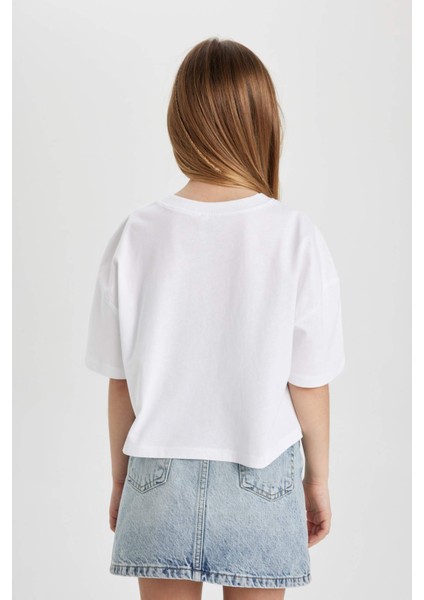 Kız Çocuk Bisiklet Yaka Crop Baskılı Kısa Kollu Tişört C2216A824SM